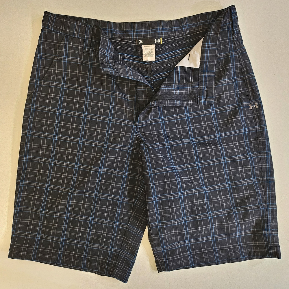 Under Armour Blue and Black Plaid Men's Flat Front Shorts